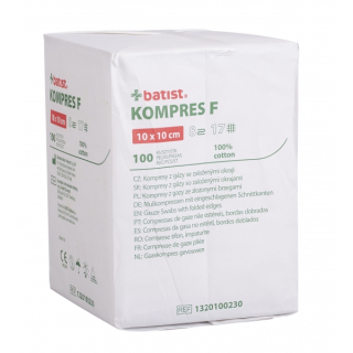 Batist KOMPRES F z gázy 10x10 cm, 8 vrstev, nesterilní, 100 ks
